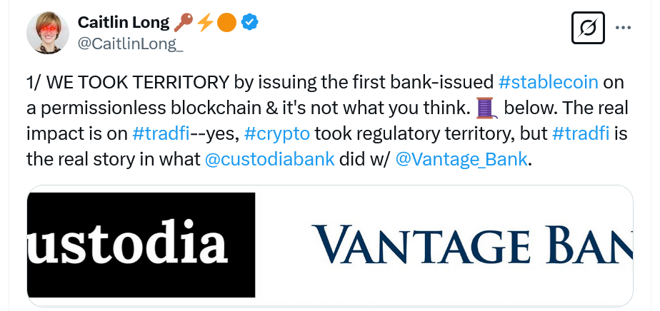 Custodia and Vantage Bank partner for ‘first bank-issued stablecoin’