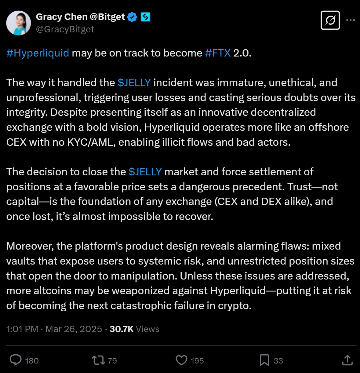 Bitget CEO slams Hyperliquid’s handling of ‘suspicious’ incident involving JELLY token