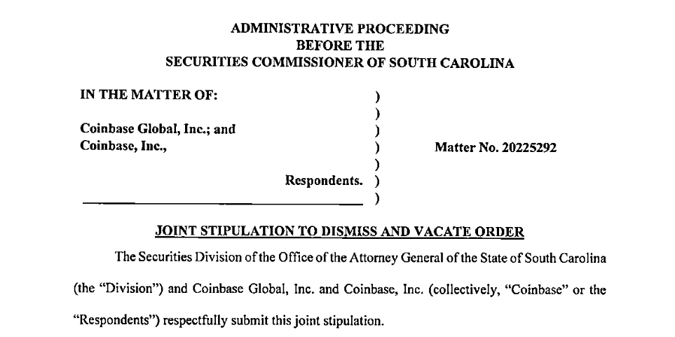 South Carolina dismisses its staking lawsuit against Coinbase, joining Vermont