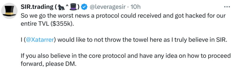 DeFi protocol SIR.trading loses entire $355K TVL in ‘worst news’ possible