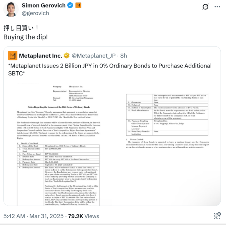 Japanese firm Metaplanet issues $13.3M in bonds to buy more Bitcoin