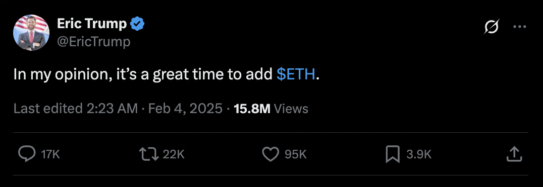 Ethereum price down almost 50% since Eric Trump's 'add ETH' endorsement