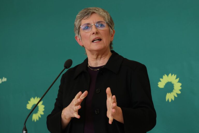 Britta Haßelmann speaks to reporters in Berlin earlier this month