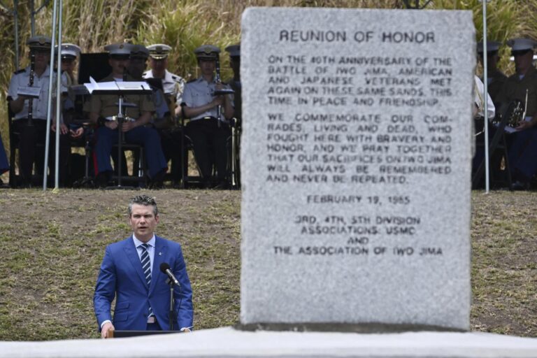 Pete Hegseth speaks during a ceremony commemorating the 80th anniversary of the battle in Iwo Jima on Saturday
