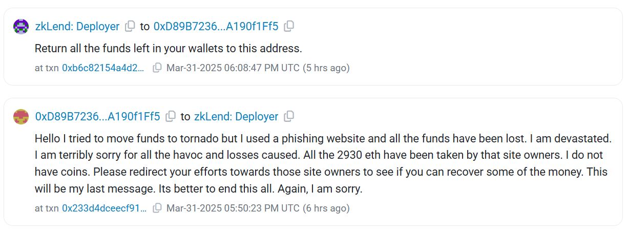 zkLend hacker claims losing stolen ETH to Tornado Cash phishing site
