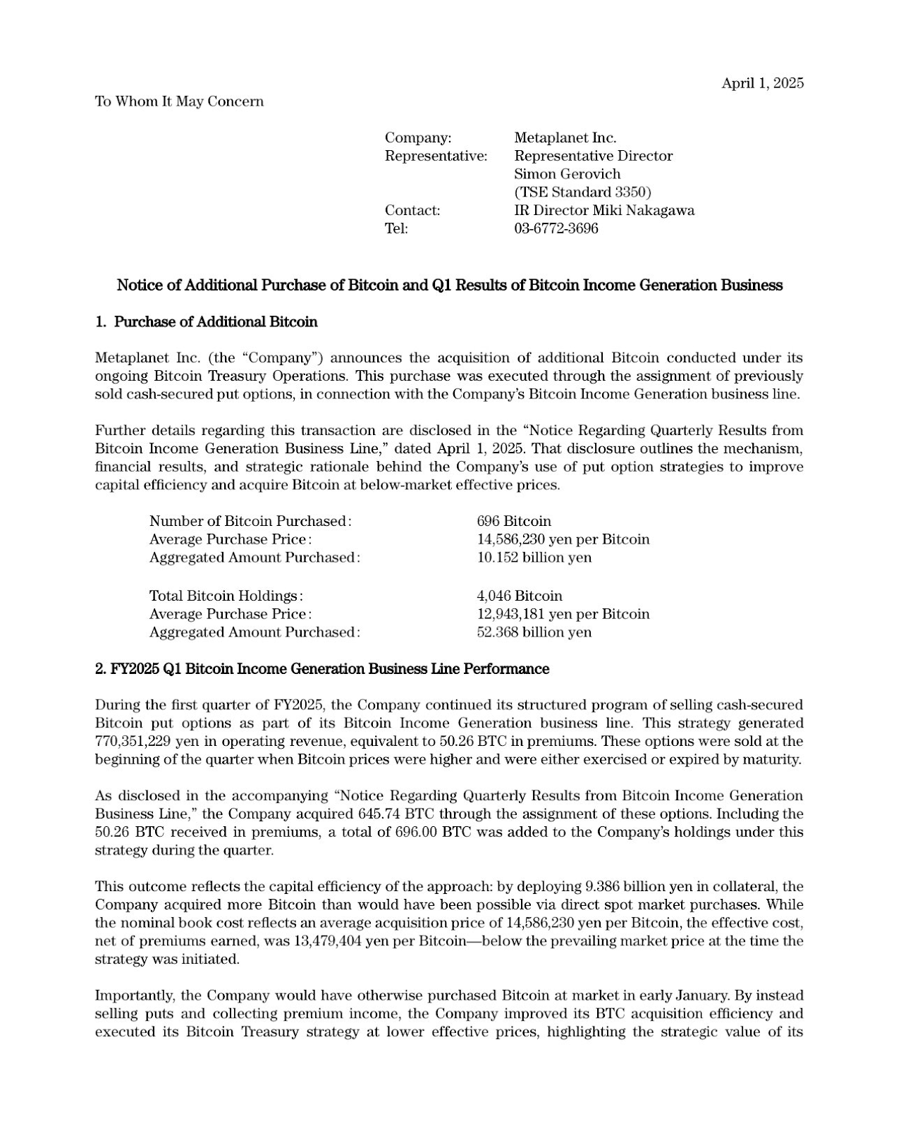 Metaplanet adds $67M in Bitcoin following 10-to-1 stock split