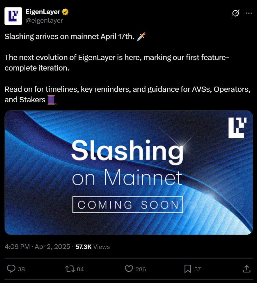 EigenLayer to begin 'slashing' restakers in April