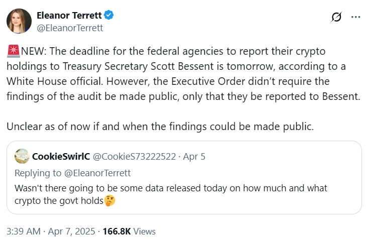 US federal agencies to report crypto holdings to Treasury by April 7