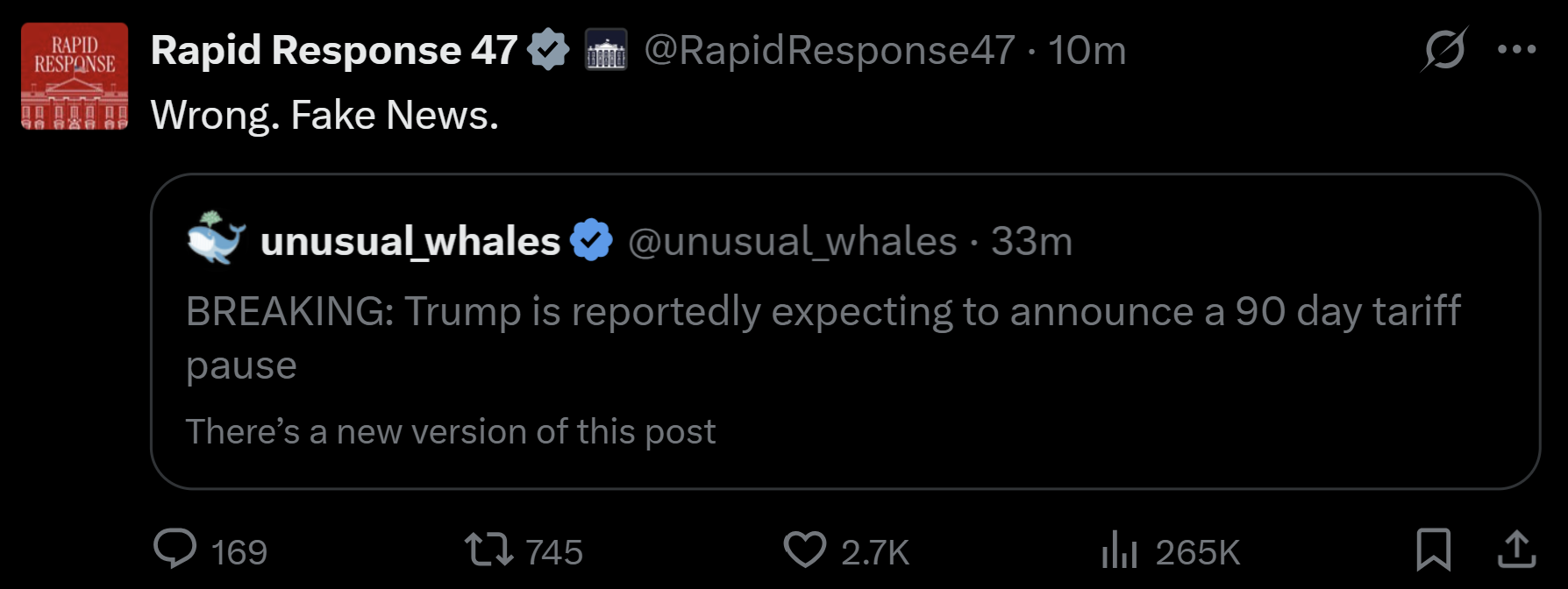 Bitcoin, stocks crumble after ‘90 day tariff pause’ deemed fake news — BTC whales keep accumulating