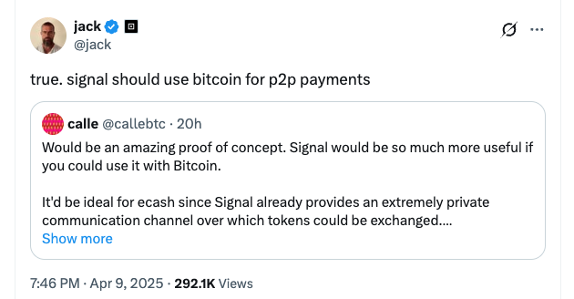 Jack Dorsey pushes Signal to adopt Bitcoin payments