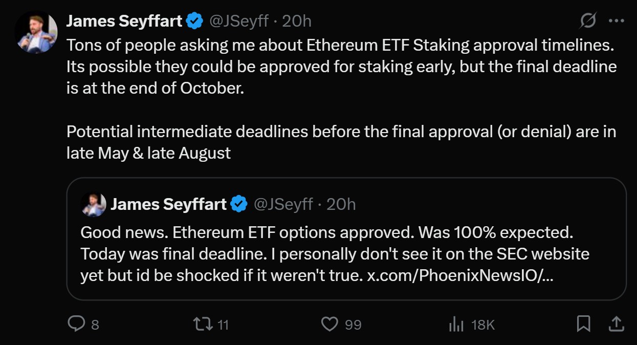 Ether ETF staking could come as soon as May — Bloomberg analyst