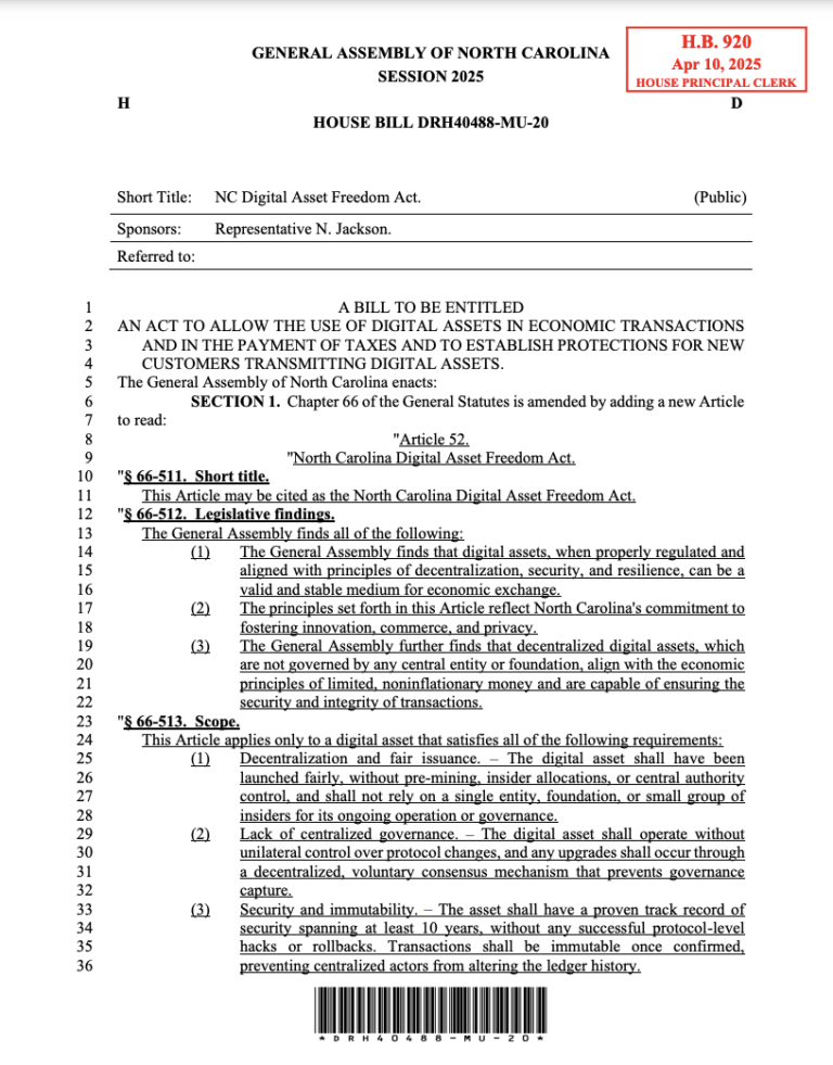 Bitcoin Regulation, United States, North Carolina