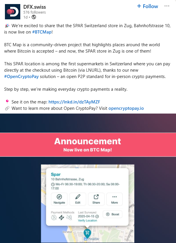 Spar supermarket in Switzerland starts accepting Bitcoin payments