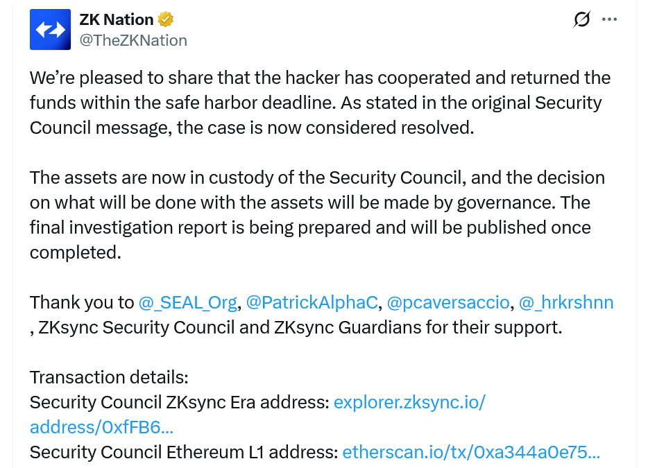 ZKsync recovers $5M of stolen tokens after hacker accepts bounty offer