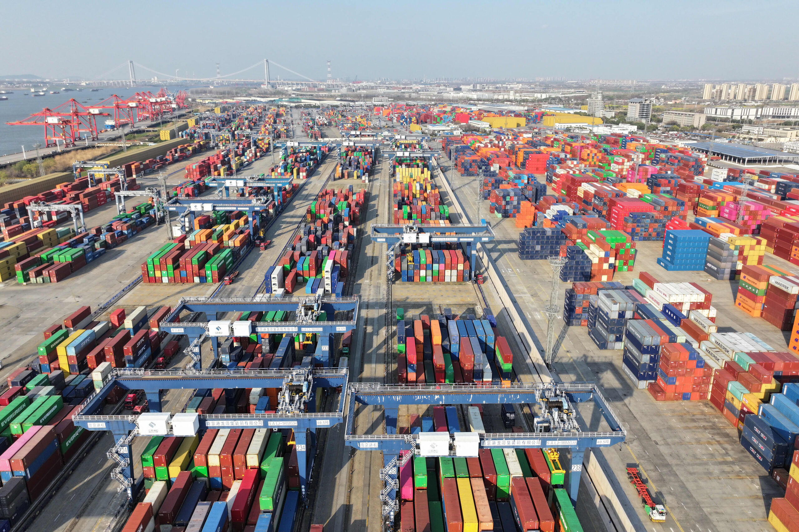 An aerial view of containers sitting stacked at Nanjing Port Longtan Container Terminal in Nanjing, Jiangsu Province of China, on March 17, 2025.