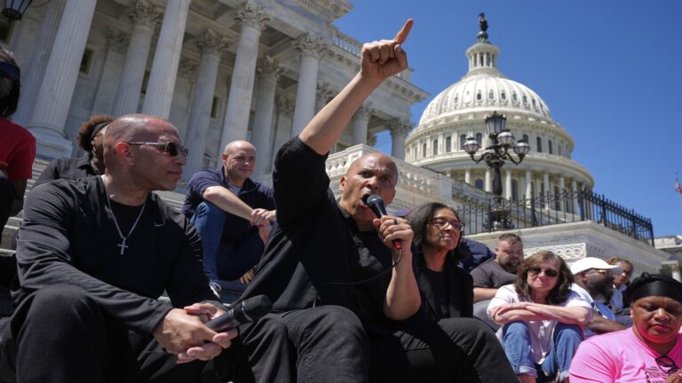House Minority Leader Hakeem Jeffries, Sen. Cory Booker host a sit-in on Capitol steps over the GOP budget plan