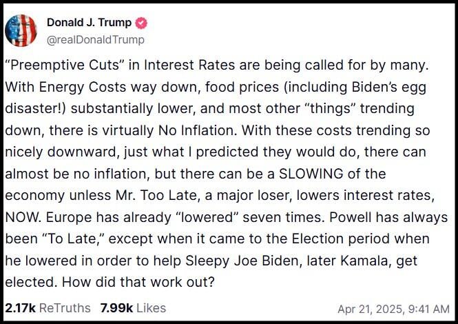 Trump Truth Social Statement on Powell