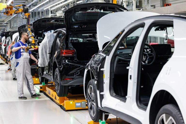 Workers assemble the second generation of Volkswagen’s ID.3 electric car on May 24, 2023 in Zwickau, Germany.
