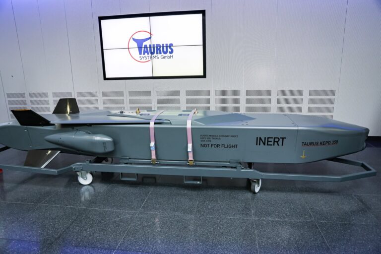 A Taurus long-range missile on display at a production facility of MBDA Deutschland, on March 5, 2024 in Schrobenhausen, Germany.