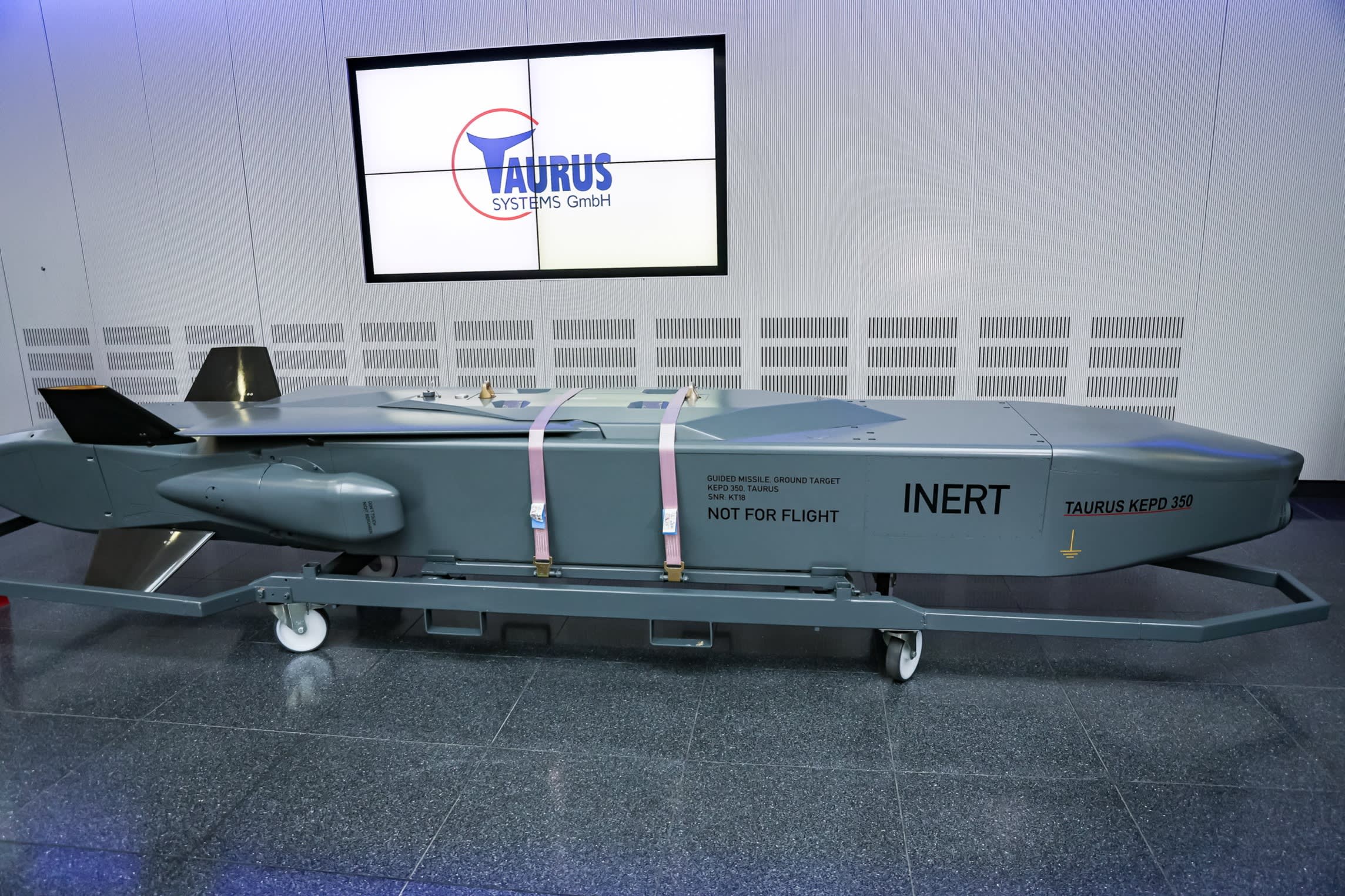 A Taurus long-range missile on display at a production facility of MBDA Deutschland, on March 5, 2024 in Schrobenhausen, Germany.