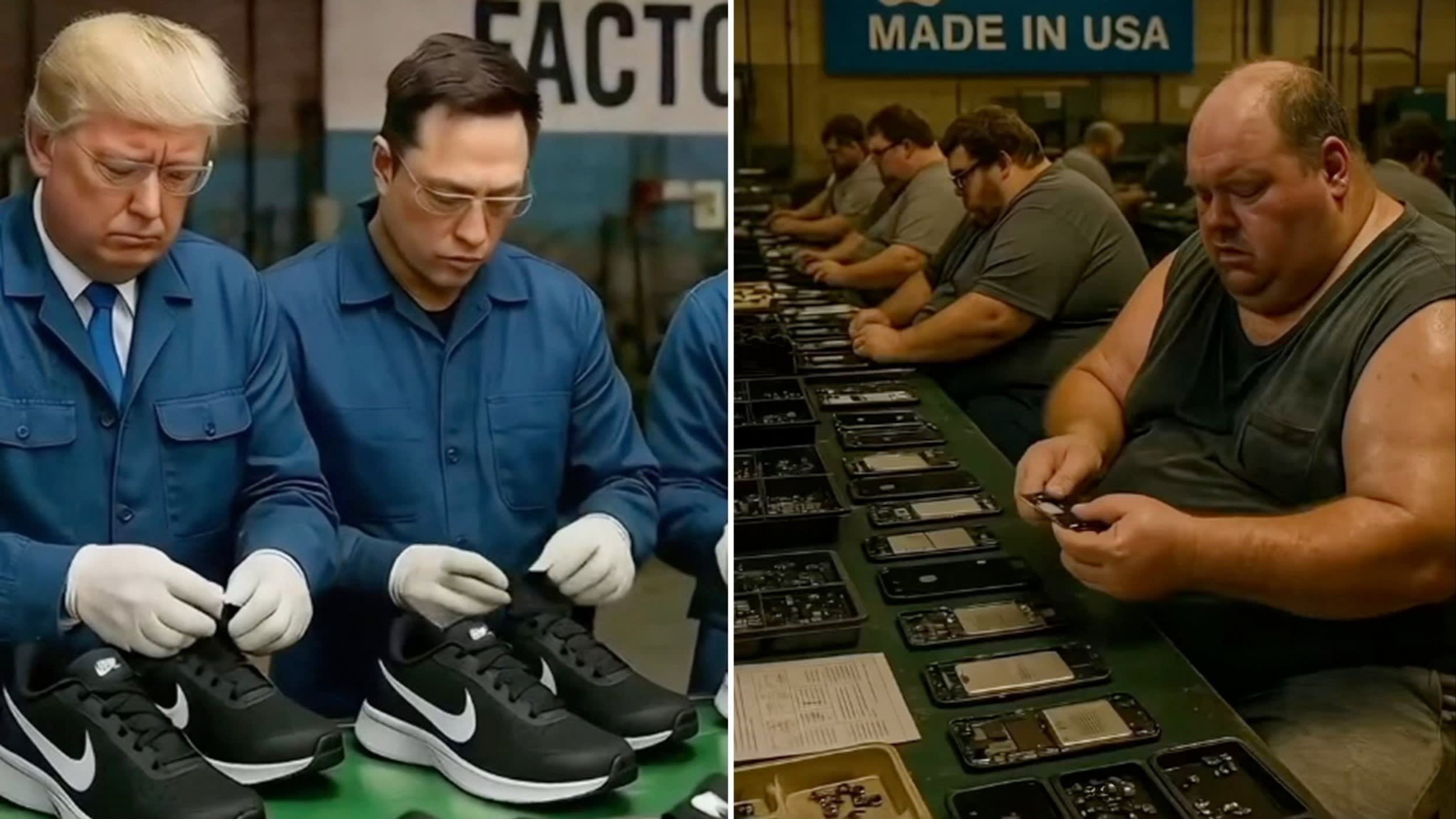 Chinese AI-generated video depicted Donald Trump and Elon Musk as factory workers making trainers, and overweight Americans on an iPhone production line