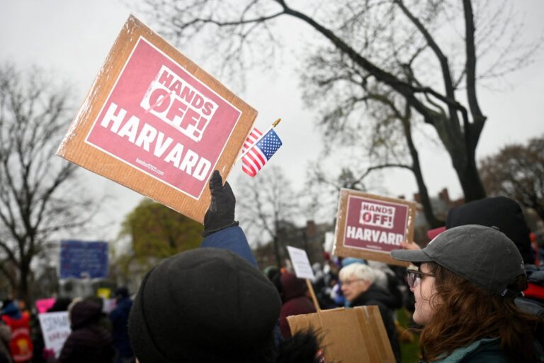 Demonstrators rally on Cambridge Common in a protest organised by the City of Cambridge, Massachusetts,