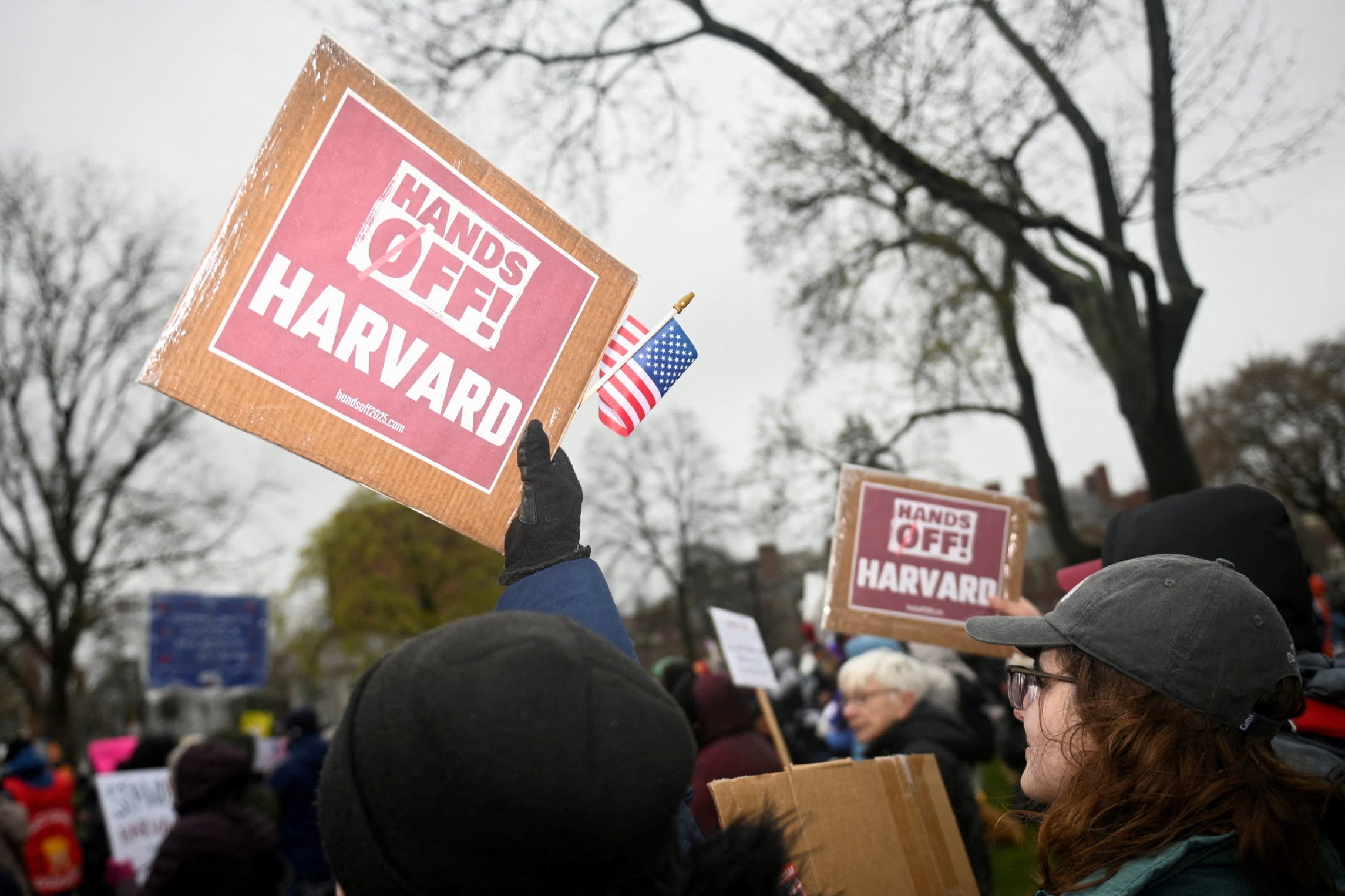 Demonstrators rally on Cambridge Common in a protest organised by the City of Cambridge, Massachusetts,