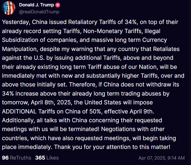 Trump Truth Social post for April 7, 2025