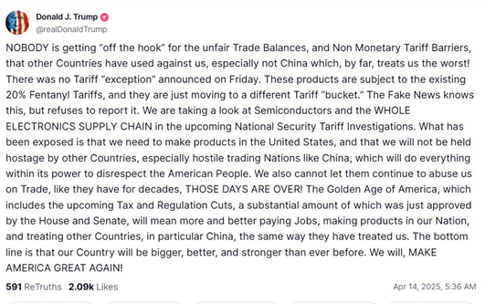 US President Trump clarifies 20% tariffs on Chinese imports of semiconductors, electronics