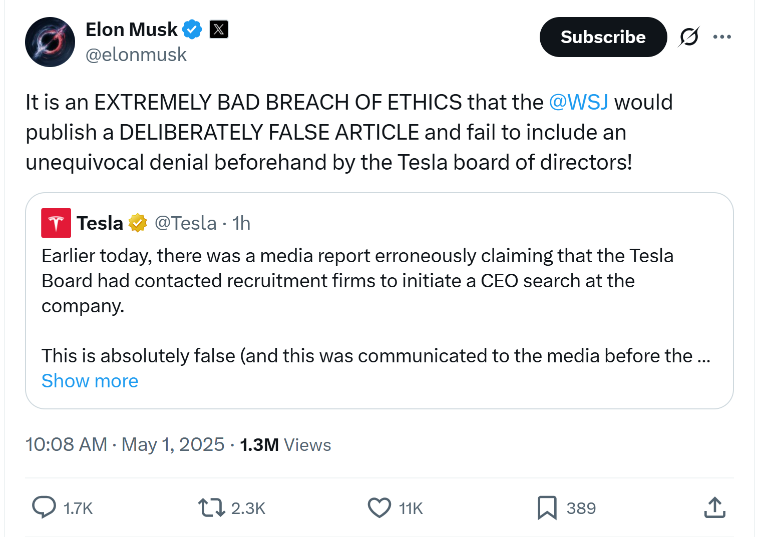 ‘Bad breach of ethics’ — Musk echoes crypto execs in backlash against WSJ