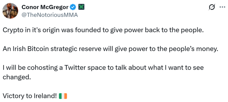 Ex-UFC champ Conor McGregor touts Irish Bitcoin reserve in presidential bid