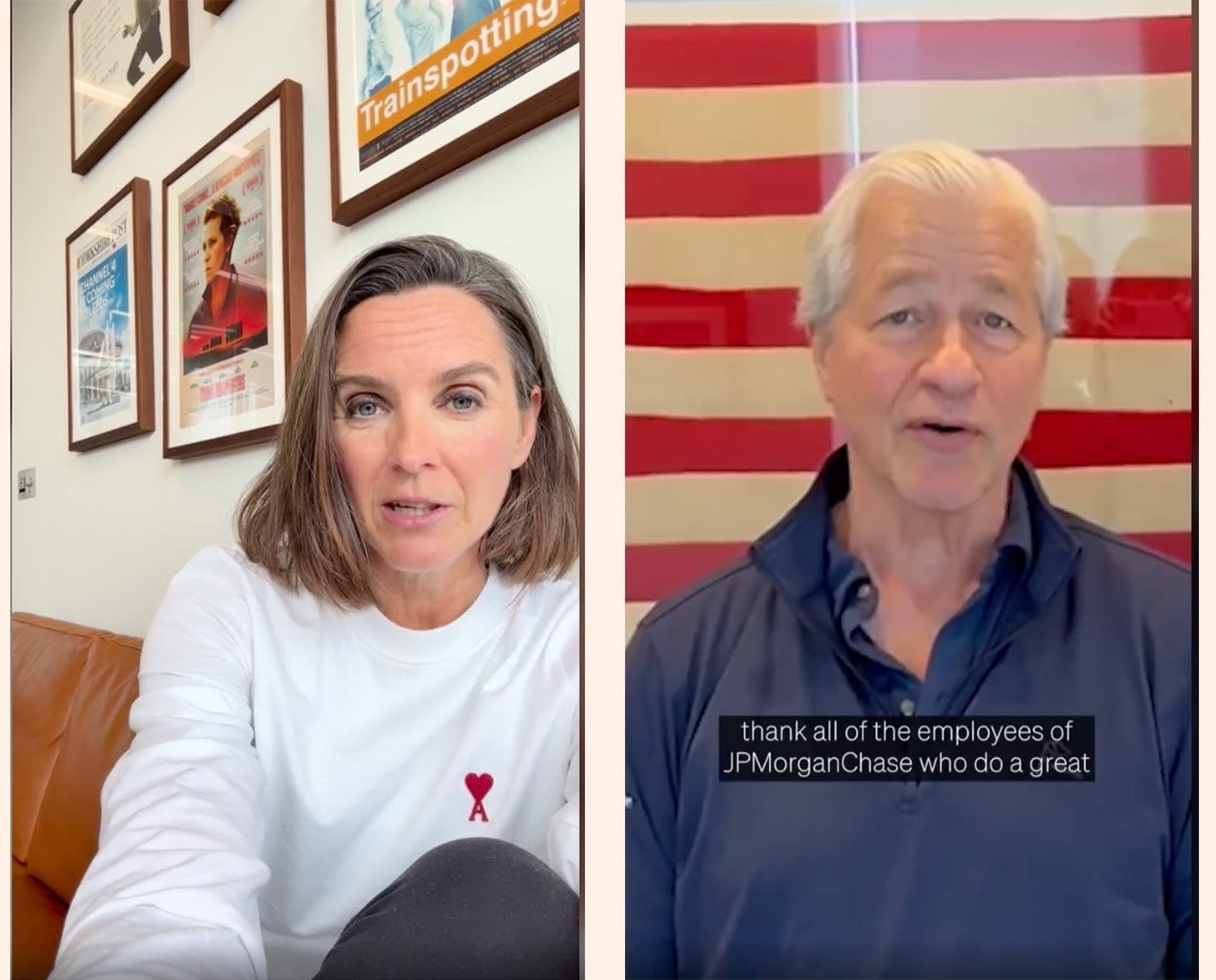 Screengrabs from LinkeIn videos posted by Alex Mahon and Jamie Dimon