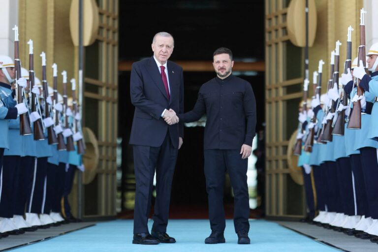Turkish President Recep Tayyip Erdoğan, left, shaking hands with Ukrainian President Volodymyr Zelenskyy in Ankara on Thursday
