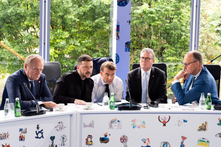 Left to right: Leaders Donald Tusk, Volodymyr Zelenskyy, Emmanuel Macron, Keir Starmer and Friedrich Merz speak to Donald Trump remotely during the European Political Community summit in Tirana, Albania on Friday