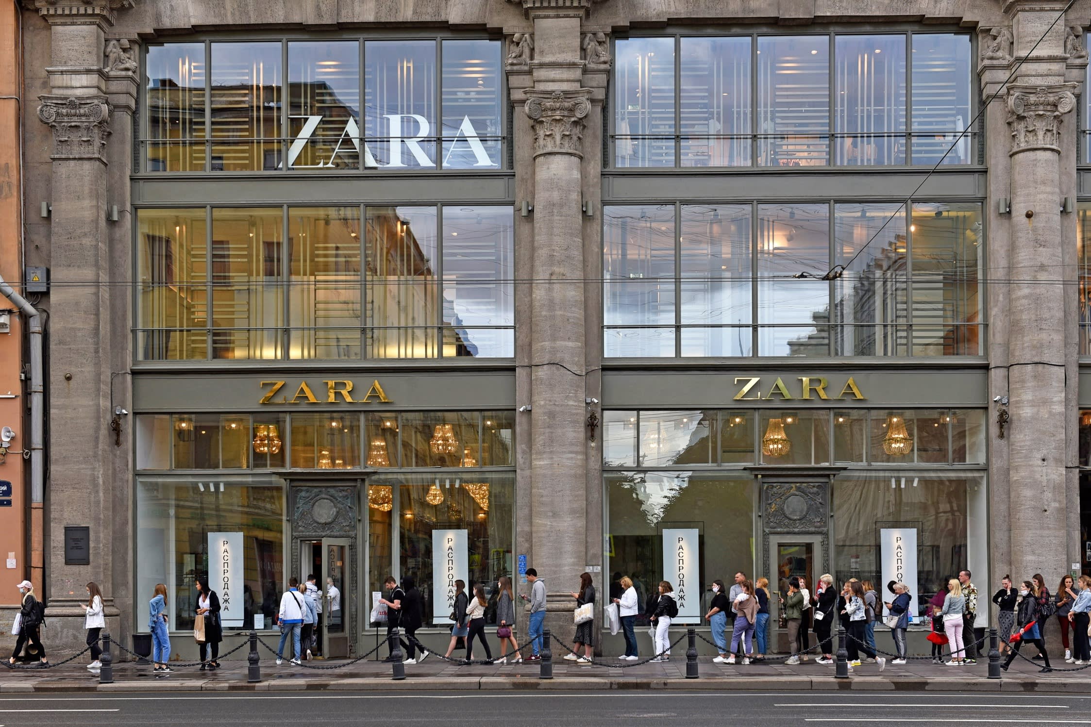 People line up outside a Zara store on Nevsky Avenue in St Petersburg