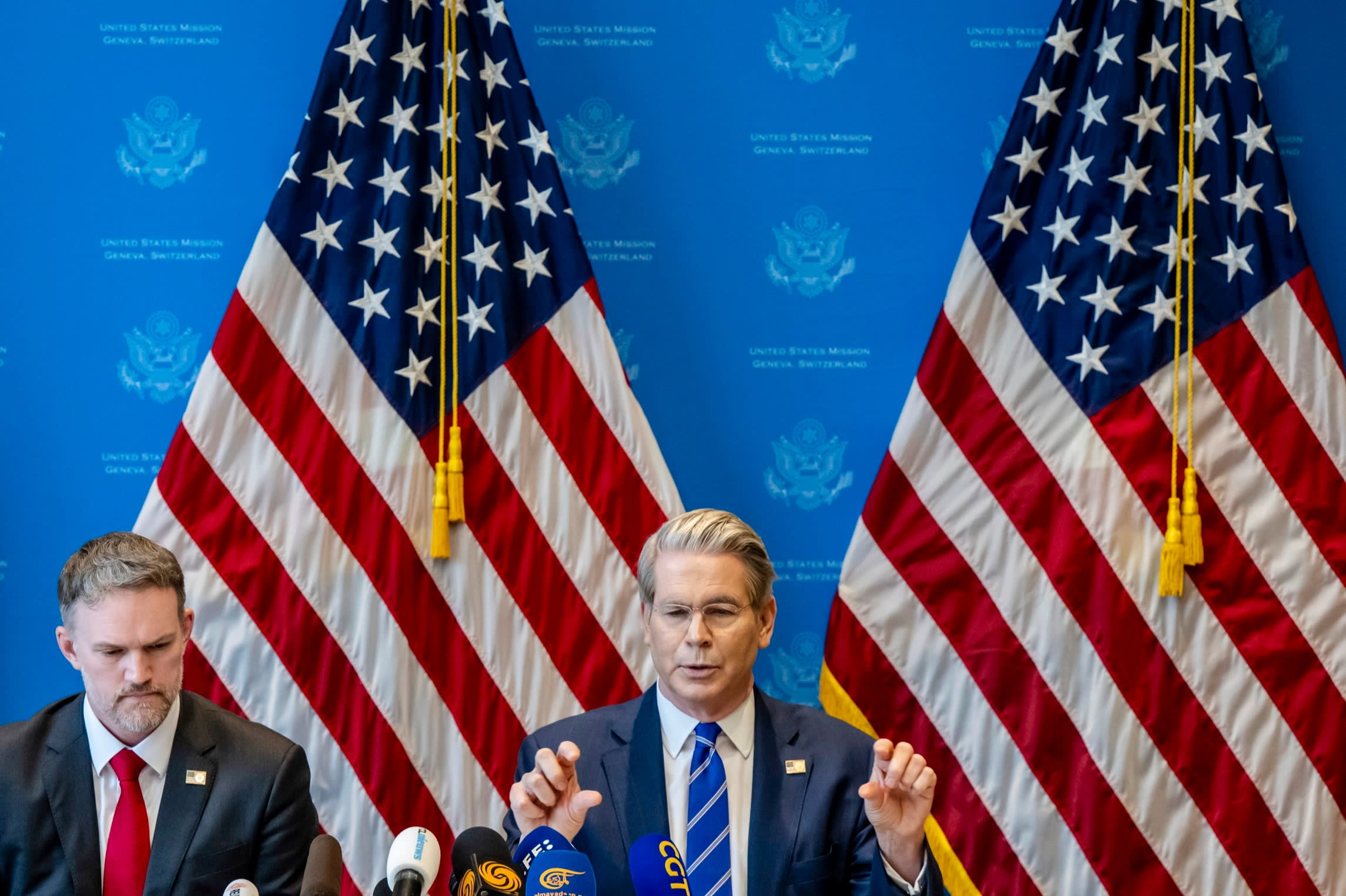 US trade representative Jamieson Greer, left, and US Treasury secretary Scott Bessent take part in a press conference after two days of closed-door discussions on trade between the US and China, in Geneva, Switzerland on Monday, May 12 2025