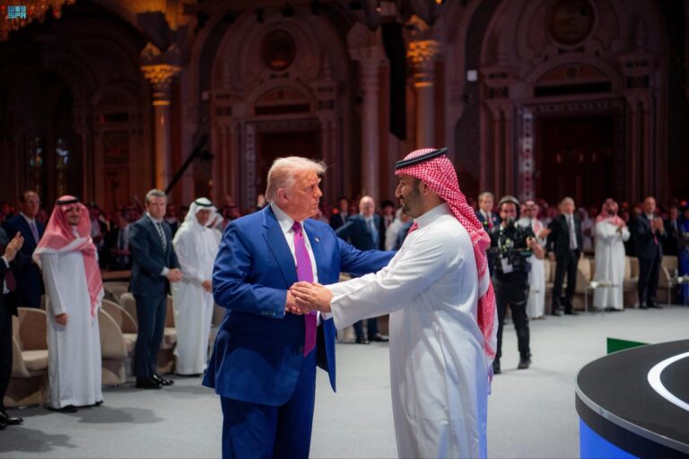 Saudi Crown Prince Mohammed bin Salman (right) shakes hands with US President Donald Trump during the Saudi-US investment forum in Riyadh