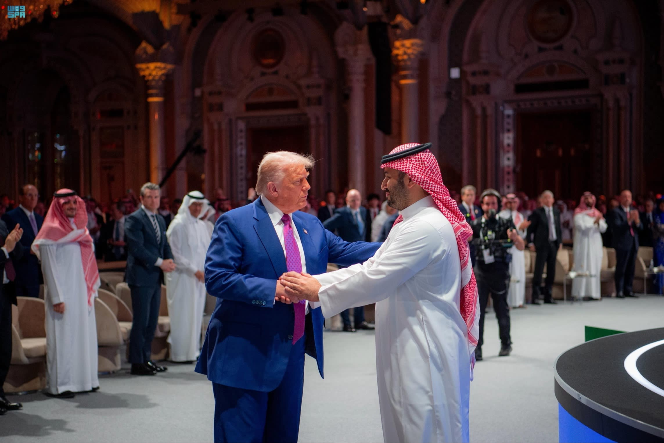 Saudi Crown Prince Mohammed bin Salman (right) shakes hands with US President Donald Trump during the Saudi-US investment forum in Riyadh