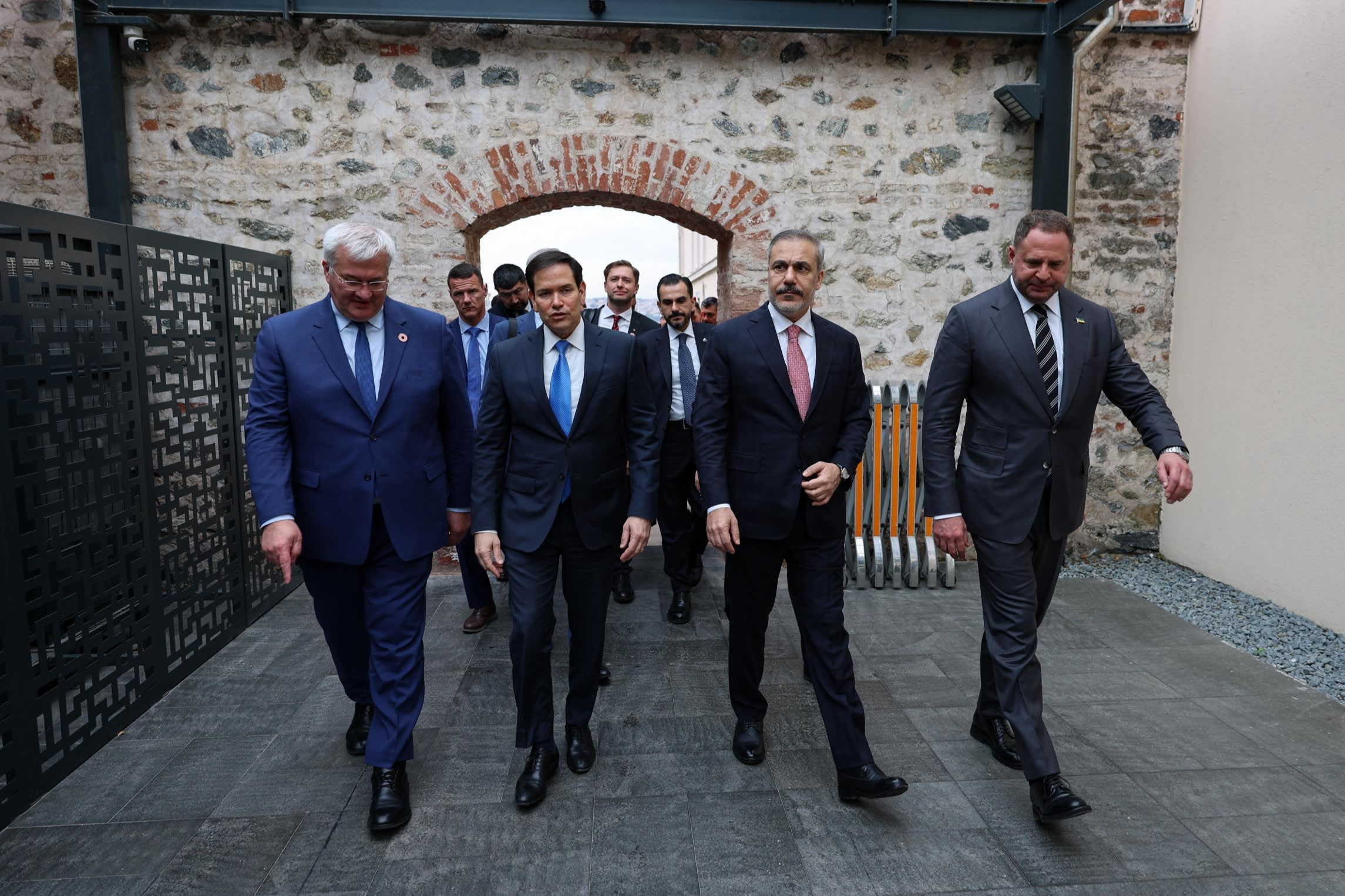 (2nd left to right) US secretary of state Marco Rubio, Turkish foreign minister Hakan Fidan and head of Ukrainian president’s office, Andriy Yermak in Istanbul on Friday