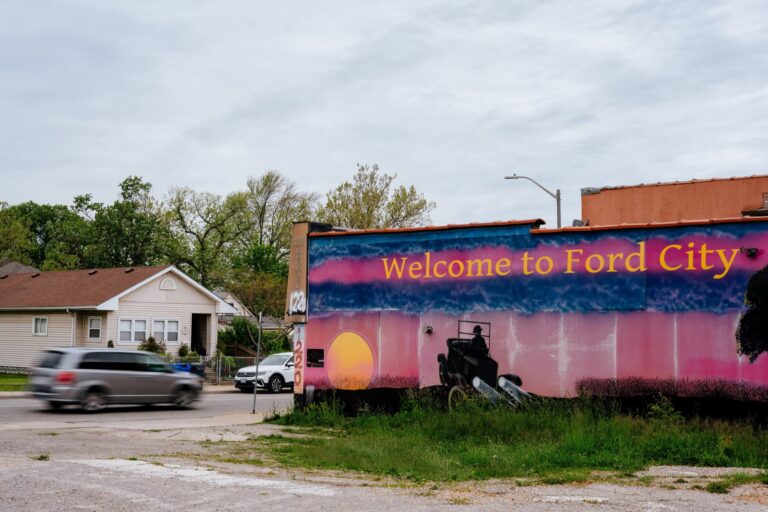A mural reads “Welcome to Ford City”, a neighbourhood in Windsor adjacent to Ford’s Windsor Engine Plant