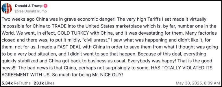 Trump Truth Social Post on May 30, 2025