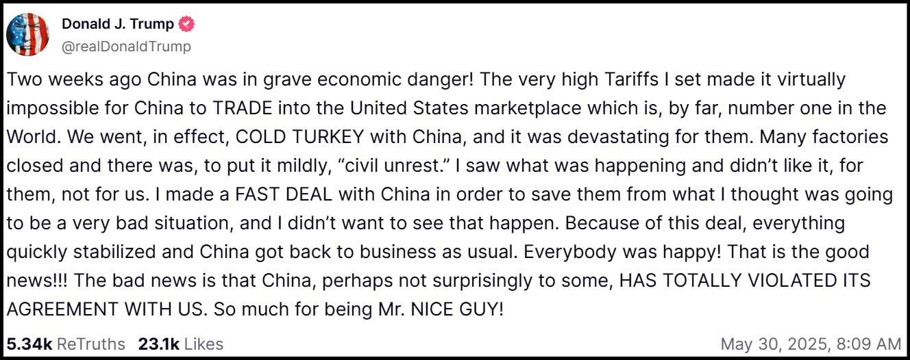 Trump Truth Social Post on May 30, 2025