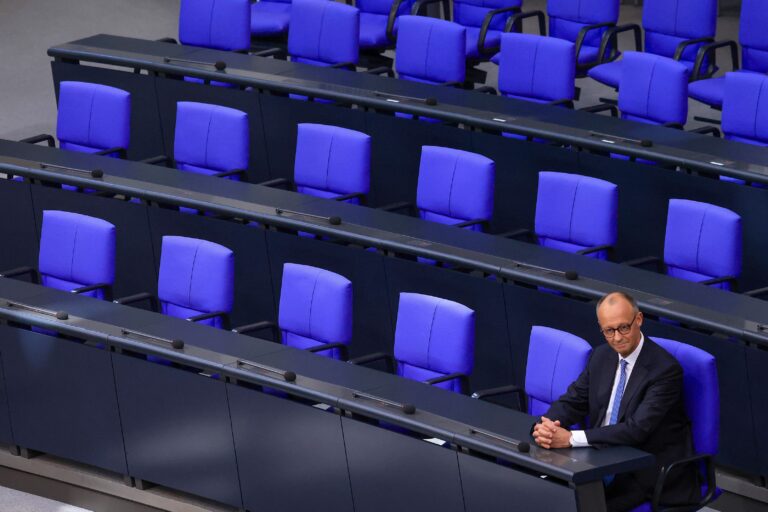 Friedrich Merz, Germany's chancellor, takes the chancellor's seat, after swearing an oath, at the Bundestag in Berlin, Germany, on Tuesday, May 6, 2025.