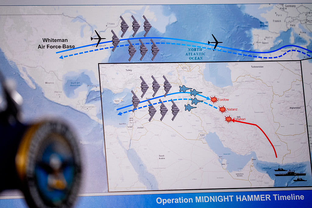 ARLINGTON, VIRGINIA - JUNE 22: An operational timeline of a strike on Iran is displayed during a news conference with Chairman of the Joint Chiefs of Staff Air Force Gen. Dan Caine and U.S. Defense Secretary Pete Hegseth at the Pentagon on June 22, 2025 in Arlington, Virginia. U.S. President Donald Trump gave an address to the nation last night after three Iranian nuclear facilities were struck by the U.S. military. (Photo by Andrew Harnik/Getty Images)