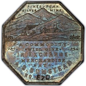 The obverse design of a Lesher dollar, octagonal shape