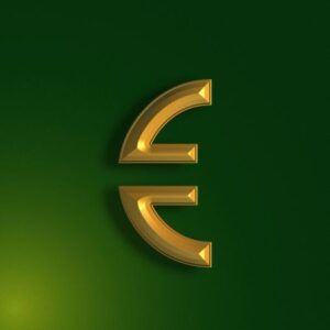 Art deco stylized version of the Euro symbol. Gold on a gradient green background