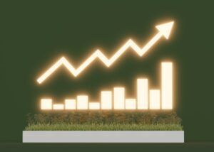 Digital rendering of a stock market chart with a gold arrow trending upward. Dark green background with gold elements