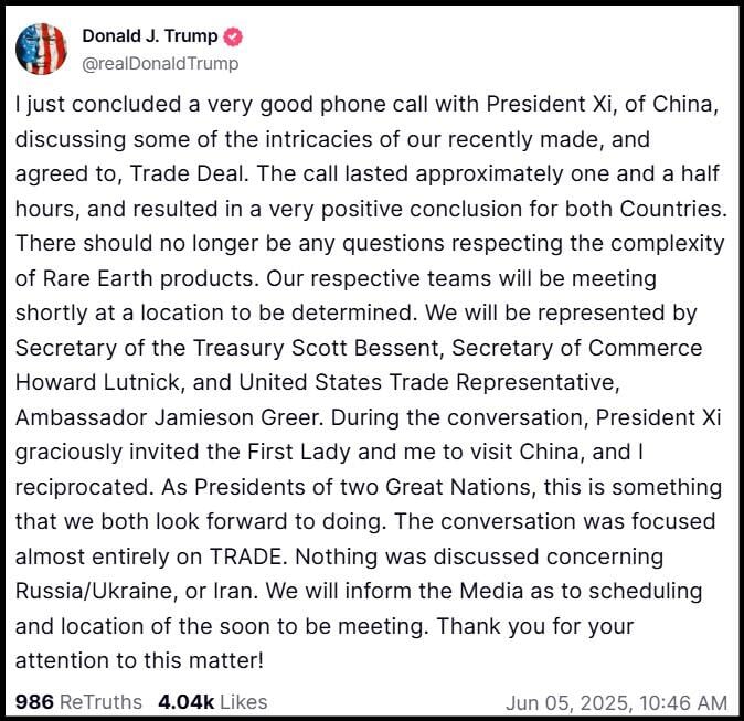 President Trump Truth Social post shows improving relationship with China's Xi Jinping