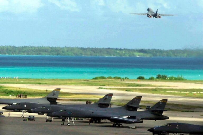 A US Air Force B-1B bomber takes off from the Diego Garcia base