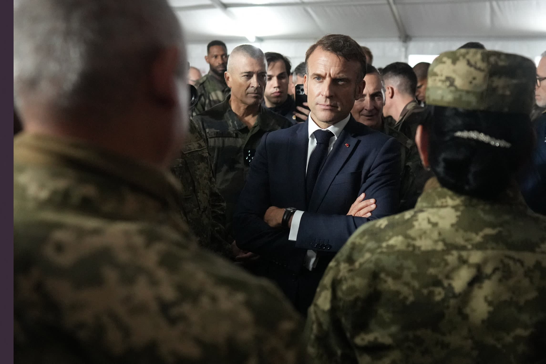 French President Emmanuel Macron speaks to Ukrainian soldiers